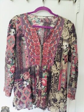 Coldwater Creek Embroidered Crinkle Gauze Tunic Blouse Mixed Print Boho M 10-12